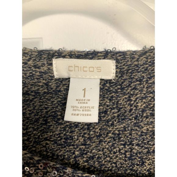 Chico's Gray and Blue Sequin Wool Blend Moto Cardigan Size 1 - Picture 3 of 4